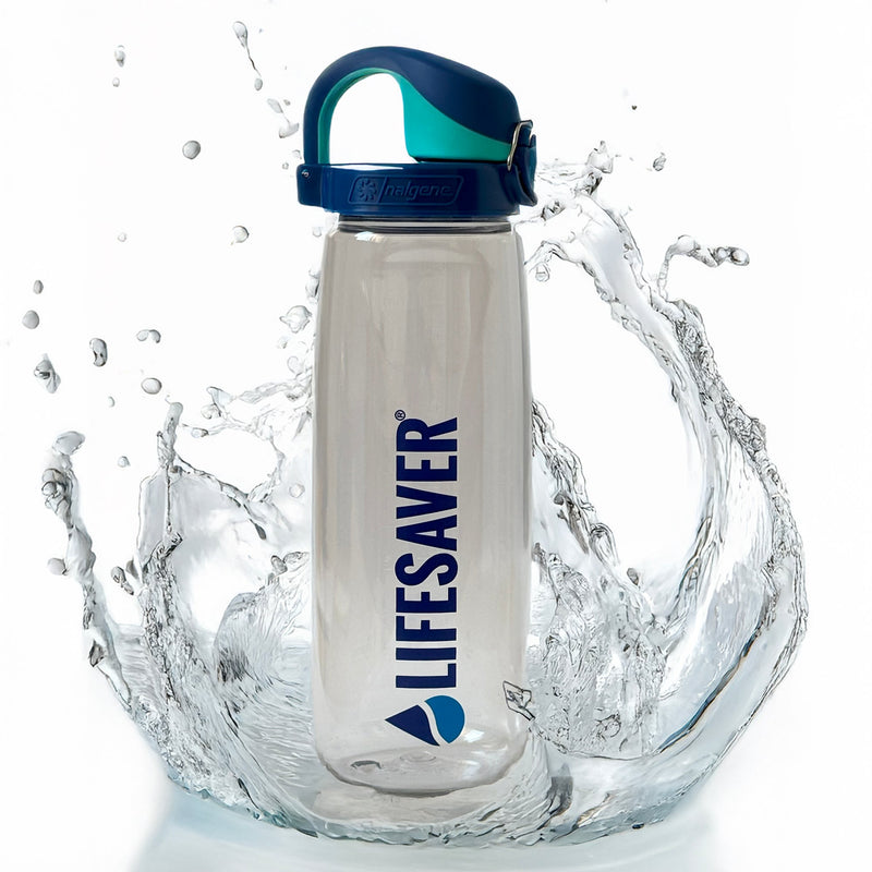 Load image into Gallery viewer, A LifeSaver Nalgene bottle splashing into water