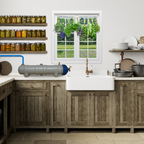 C1 water purifier set in Modern kitchen with wooden cabinets, white sink, and window with greenery outside