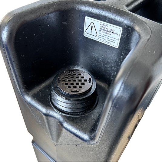 Black Jerrycan with black GU filter and warning label on a white background