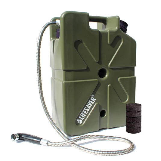 Green Jerrycan with hose and replacement filters on a white background