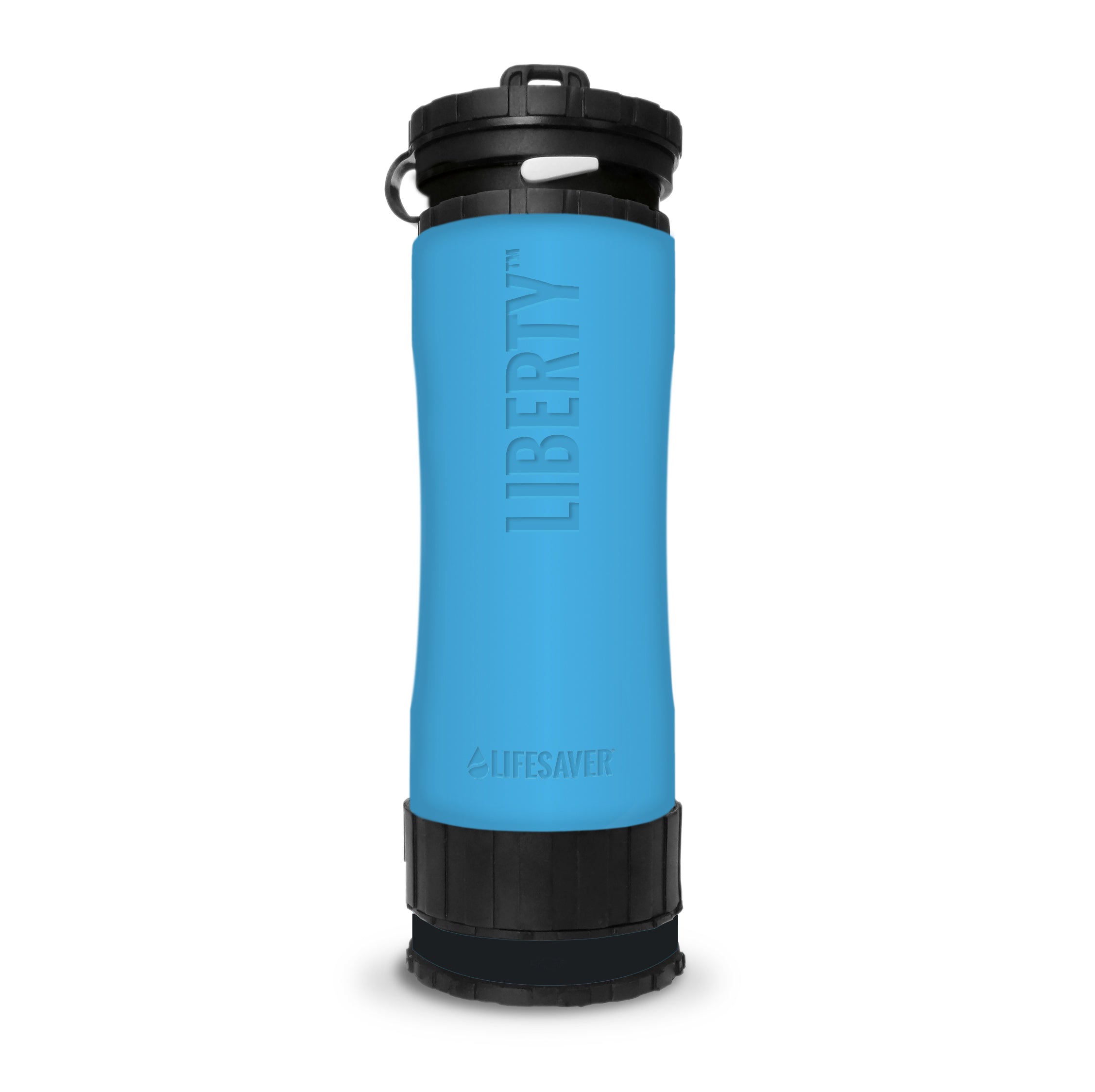 Blue water bottle with black lid and 'Lifesaver' branding on a white background