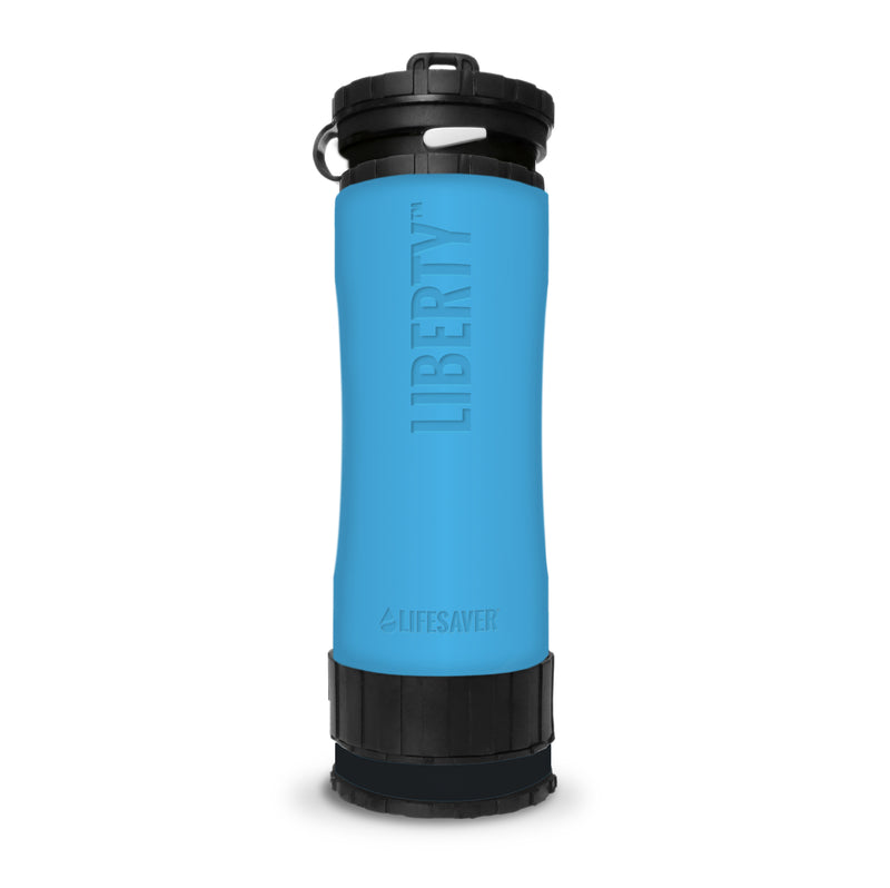 Load image into Gallery viewer, Blue water bottle with black lid and 'Lifesaver' branding on a white background
