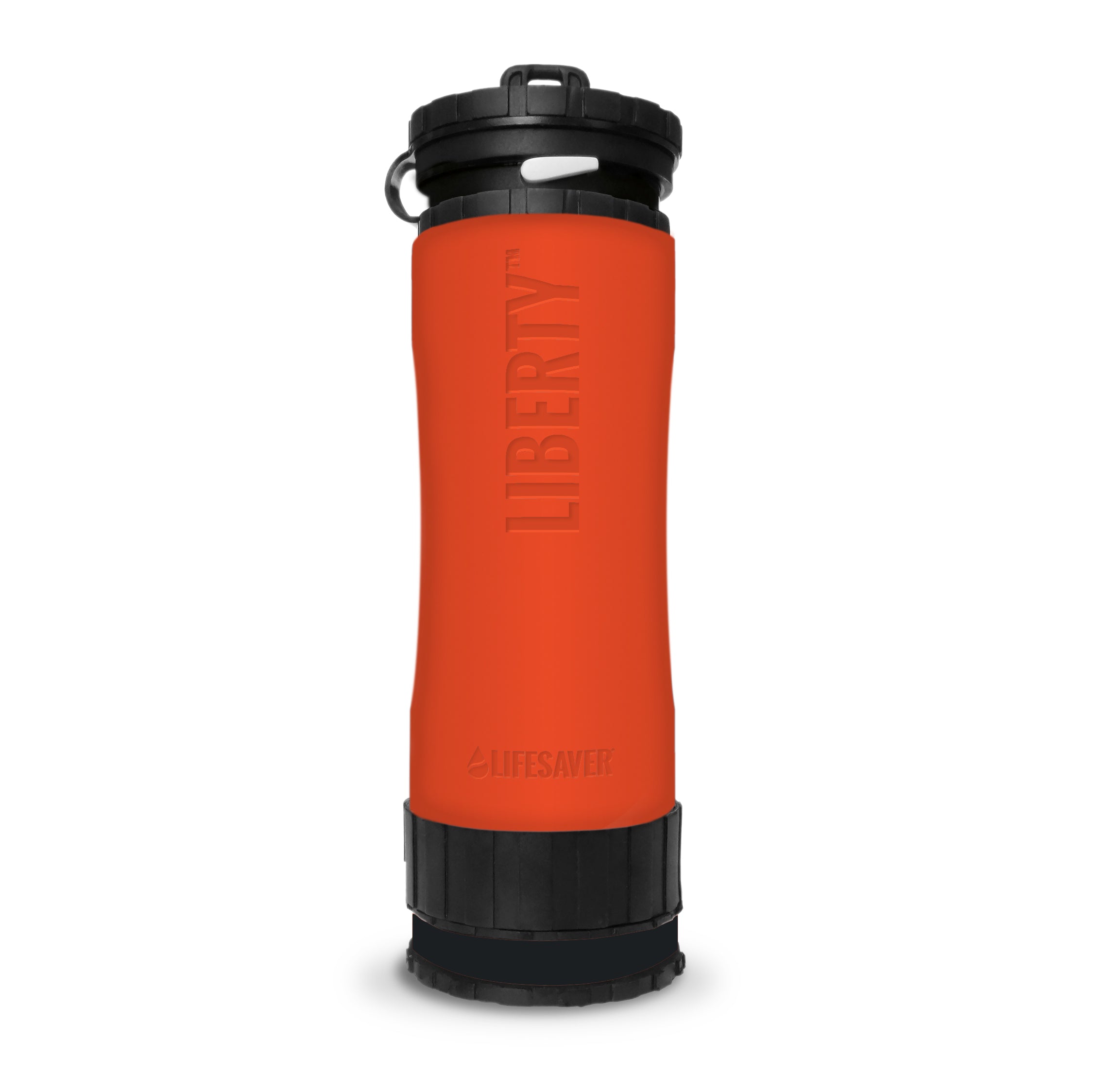 Orange water bottle with black lid and 'Lifesaver' branding on a white background