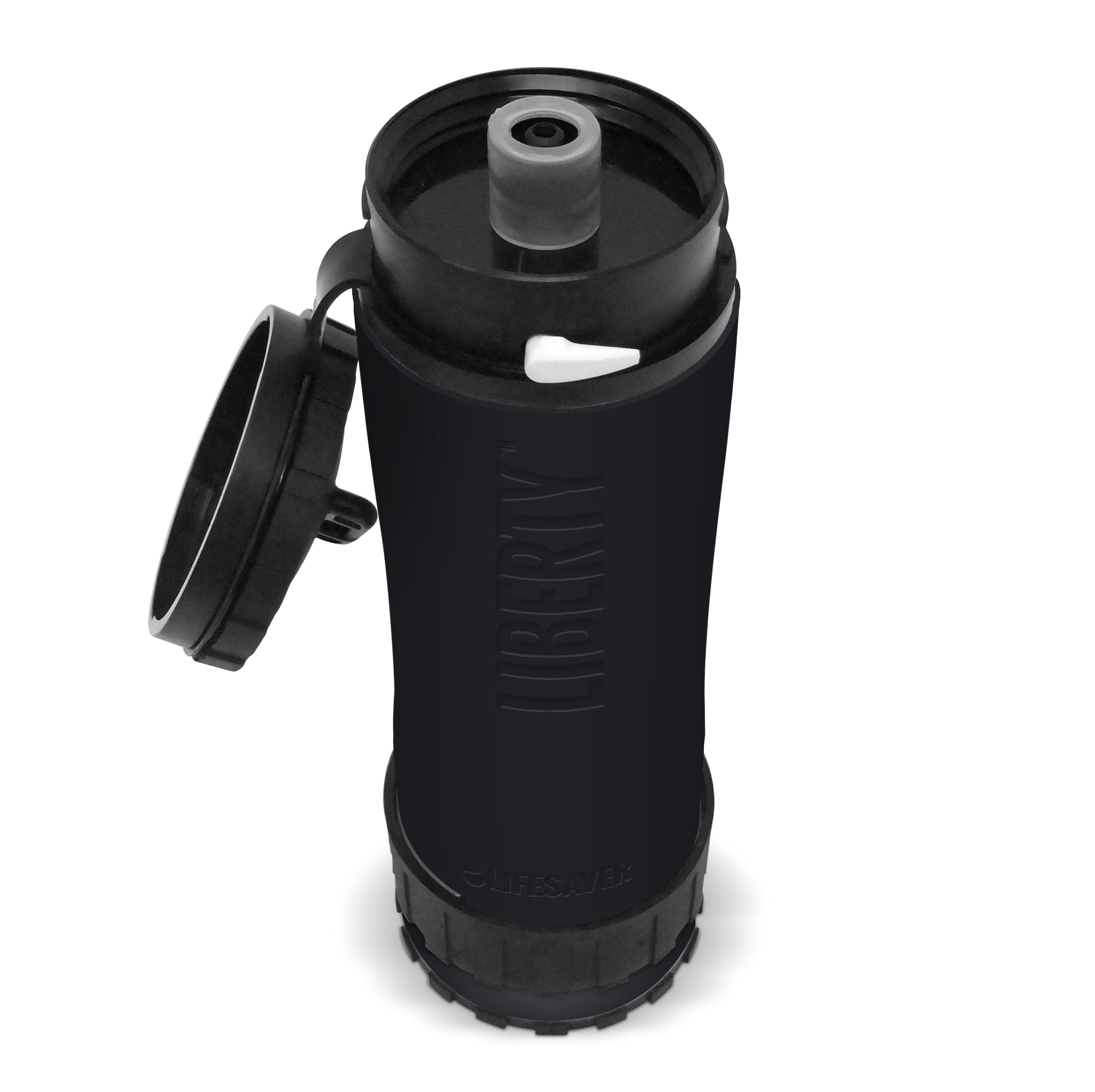 Black water bottle with cap on a white background