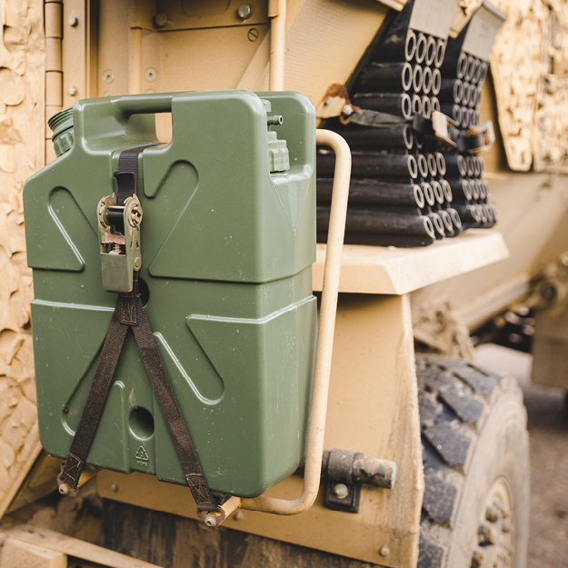 Load image into Gallery viewer, Green LifeSaver Jerrycan attached to a military vehicle
