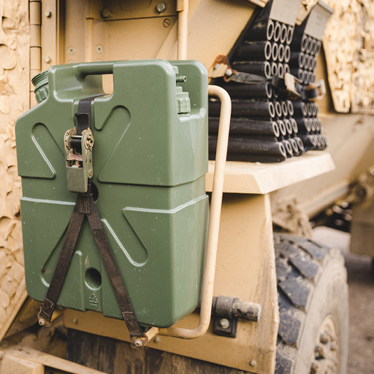 Green LifeSaver Jerrycan attached to a military vehicle
